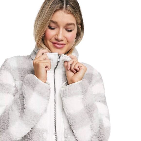 A&F Sherpa Check Fleece Plaid Full Zip Jacket Coat Gray and White Size Medium - Picture 5 of 16
